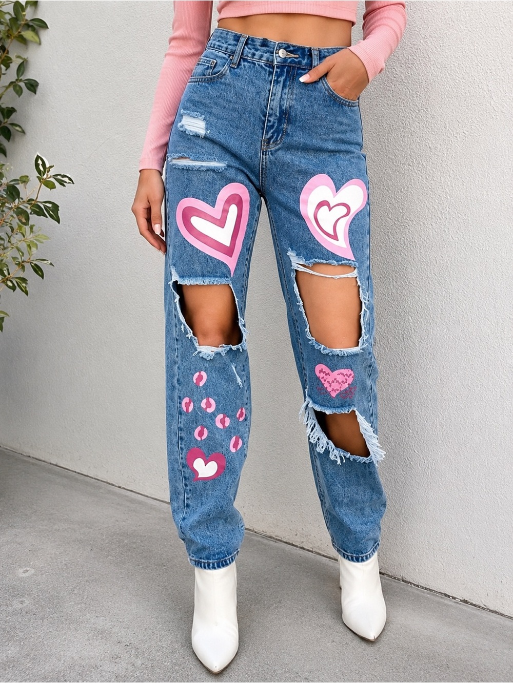 93 SHEIN Heart Patch Distressed Wide Leg Jeans High Rise Valentine Y2K Size 6
